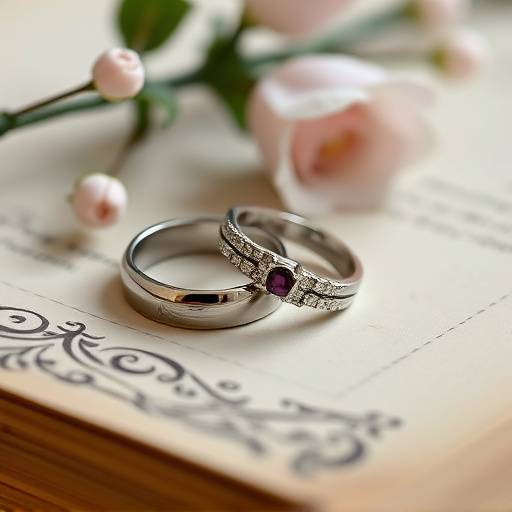 Dettaglio delle fedi nuziali appoggiate su un libro antico decorato con fiori.