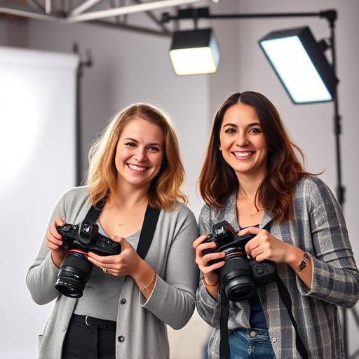 Il team dello Studio Fotografico Lumina sorridente in posa con le loro macchine fotografiche.