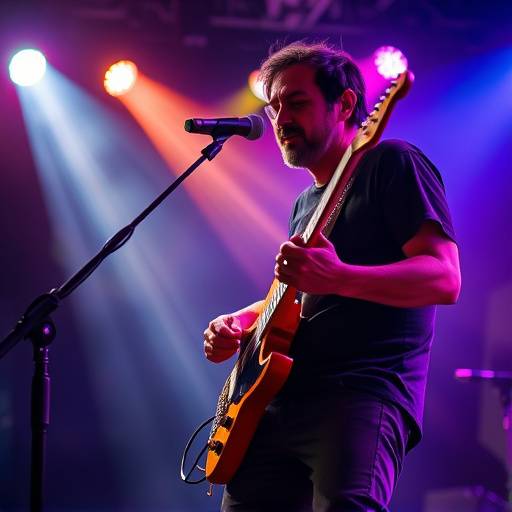 Musicista impegnato mentre suona la chitarra su un palcoscenico illuminato.
