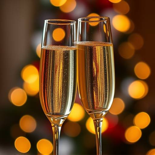 Primo piano di un brindisi con calici di champagne che si toccano, con luci sfocate sullo sfondo.
