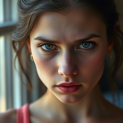 Ritrato di una giovane donna con un'espressione pensierosa e uno sguardo intenso, illuminata da luce naturale.