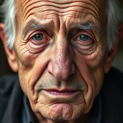 Ritratto di un anziano signore con rughe profonde che raccontano una vita di esperienze, con uno sguardo sereno.